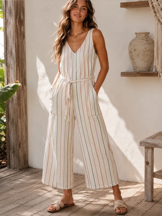 American Eagle Outfitters Pants - American Eagle Women’s Sz M Striped Cotton Linen Wide Leg Jumpsuit Boho Coastal